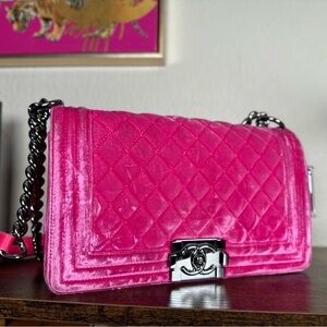 Authentic CHANEL Medium Boy Hot Pink Quilted Velvet Shoulder Bag